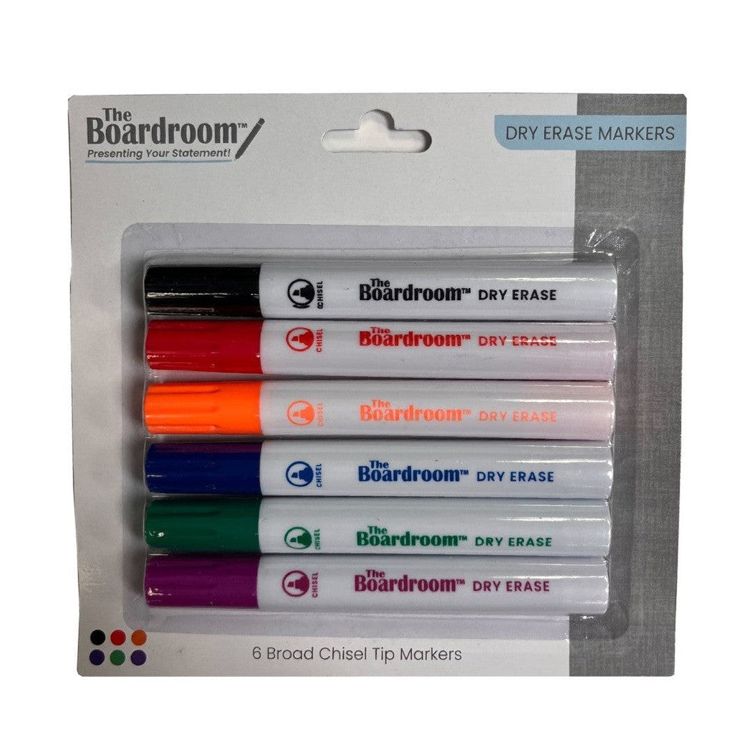 A package of six whiteboard markers in black, red, orange, blue, green, and purple.